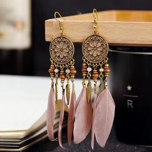 Bohemian Antiqued Brass & Enamel Beaded Feather Tassel Earrings!